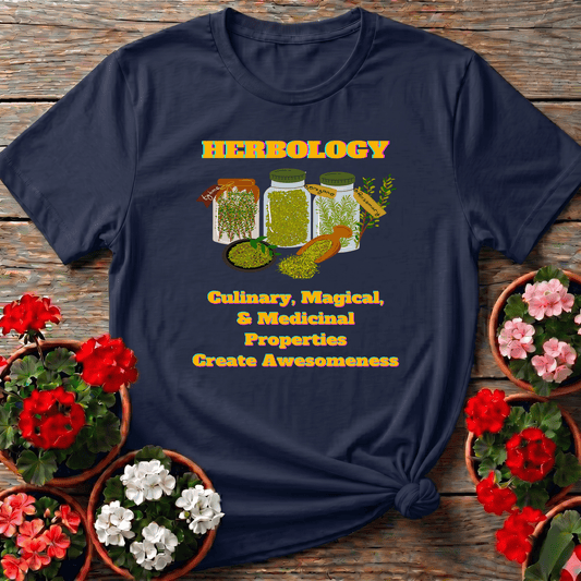 Navy retro-modern herbology gardening t-shirt with herb jar illustration for culinary and medicinal plant growers
