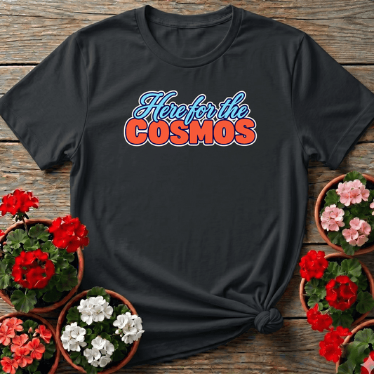Black retro typography cosmos flower gardening tee with "Here for the Cosmos" for cutting garden growers
