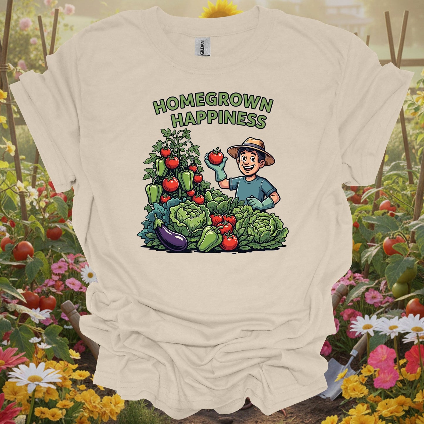 Natural homegrown happiness gardening shirt with whimsical happy vegetable garden for vegetable gardeners, home cooks