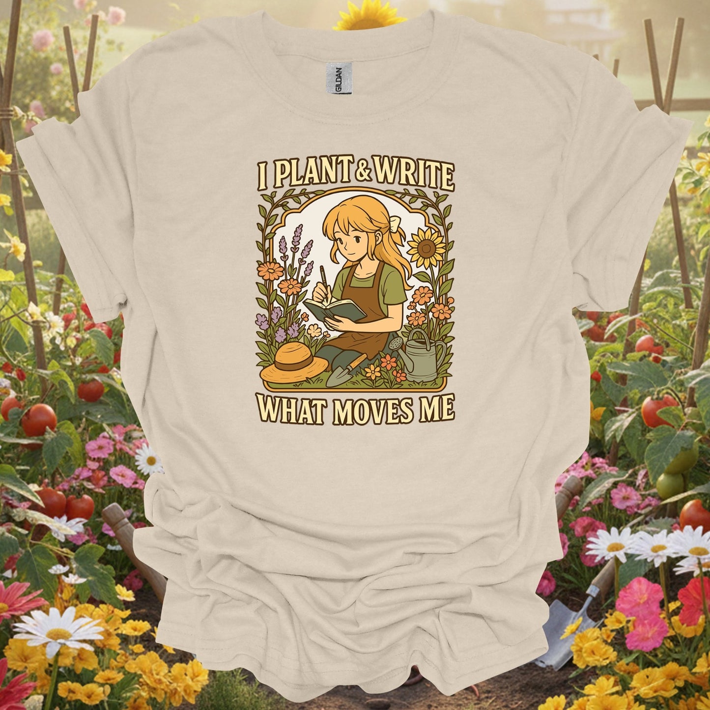 Natural tshirt showing : i plant & write what moves me anime for people who love plants