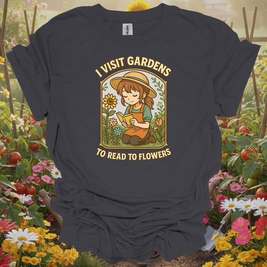 Charcoal gardening shirt with lofi anime girl reading to flowers for book lovers, flower gardeners, lofi aesthetic fans