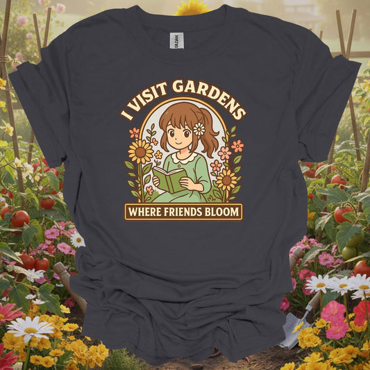 Charcoal tee showing anime girl reading to flowers with friends bloom text for people who make friends in gardens