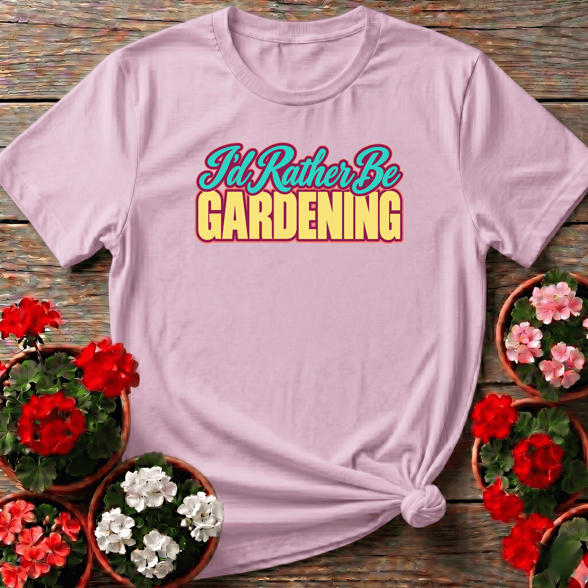 Light Pink retro-pop cheerful gardening tee with "I'd Rather Be Gardening" for garden enthusiasts