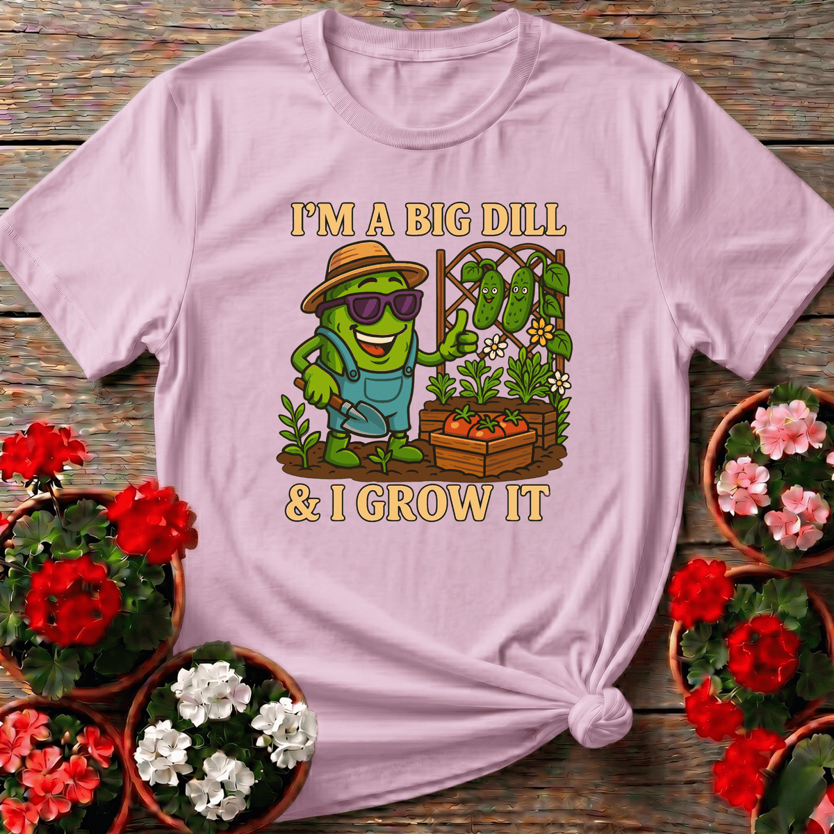 Light Pink bold cartoon garden apparel with cucumber pun for the gardener with a sense of humor