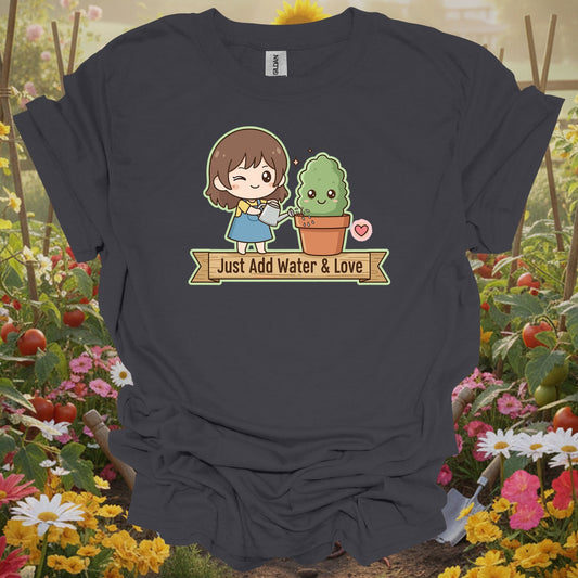 Charcoal tshirt showing a charming kawaii-style character who knows the secret to a happy garden for listeners hearing bird songs and rustling leaves