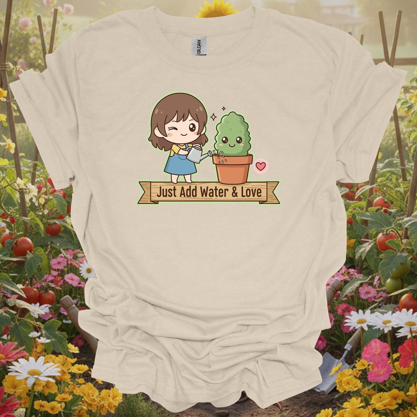 Natural tshirt showing a charming kawaii-style character who knows the secret to a happy garden for listeners hearing bird songs and rustling leaves