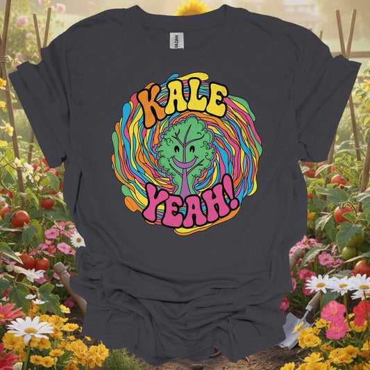 Charcoal tee showing kale yeah psychedelic groovy for plant lovers