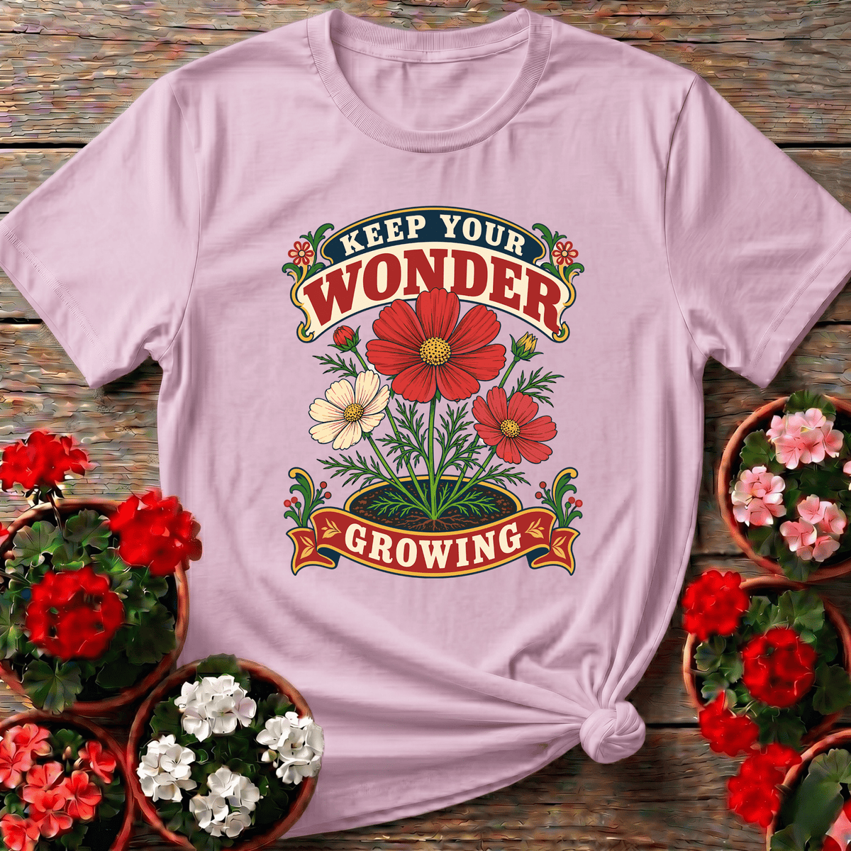 Light Pink vintage seed catalog style gardening tee with "Keep Your Wonder Growing" for floral gardeners