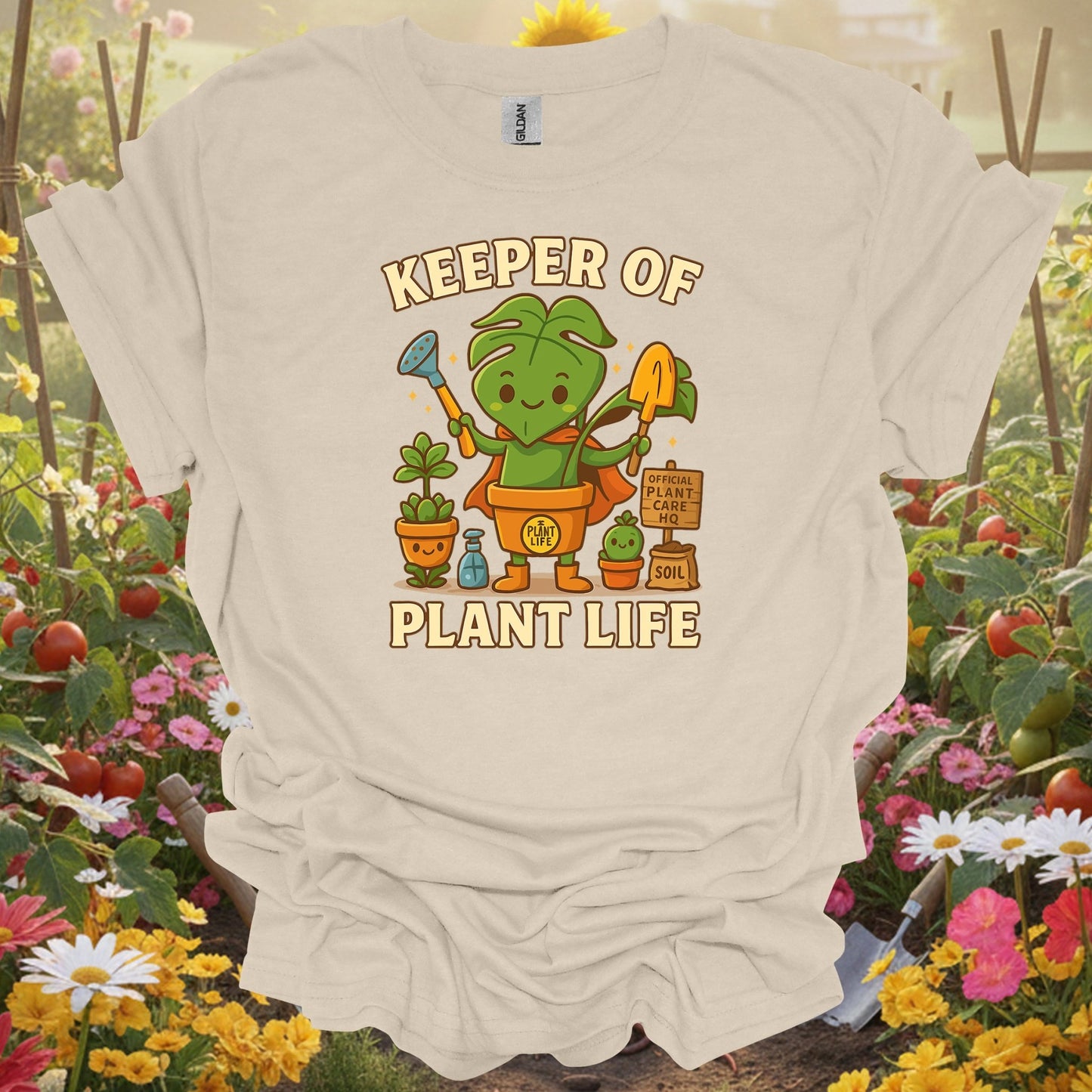 Natural tshirt showing keeper of plant life whimsical houseplant hero for people who love plants