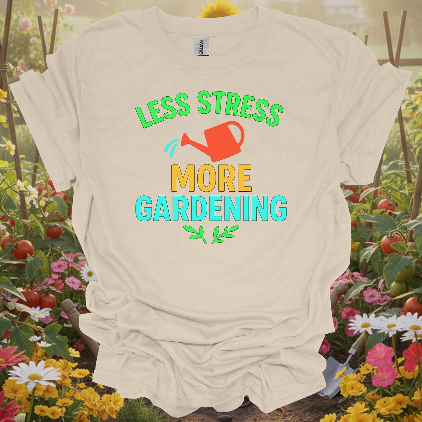 Natural apparel featuring a less stress theme on a soft shirt that honors the quiet beauty of a morning in the garden.