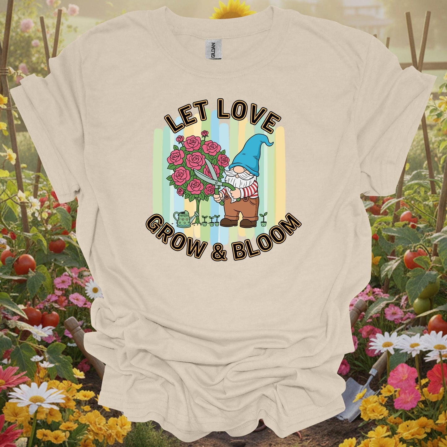 Let Love Grow & Bloom Funny Garden Gnome T-Shirt - GardeningTshirts