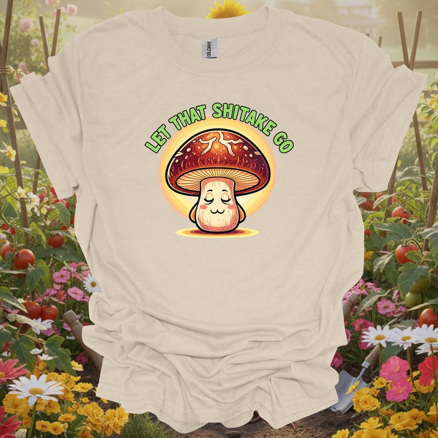 Natural tshirt showing let that shiitake go funny mushroom for people who love plants