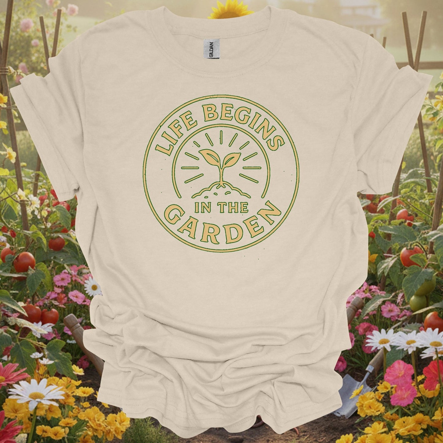 Natural tshirt showing vintage life begins in the garden badge for folks with vintage taste