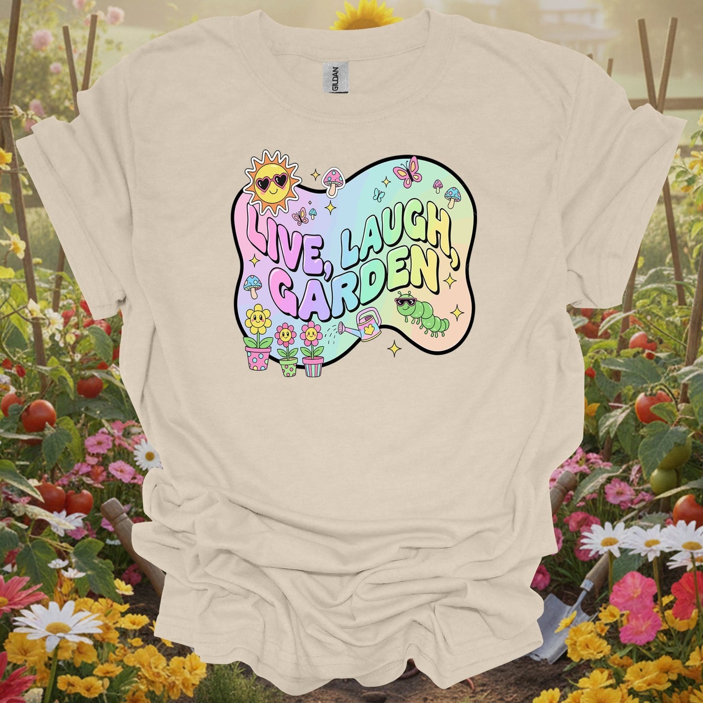 Natural tshirt showing live laugh garden funky 90s aesthetic for people who love plants