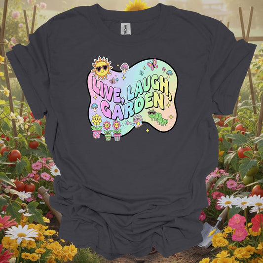 Charcoal tee showing live laugh garden funky 90s aesthetic for plant lovers