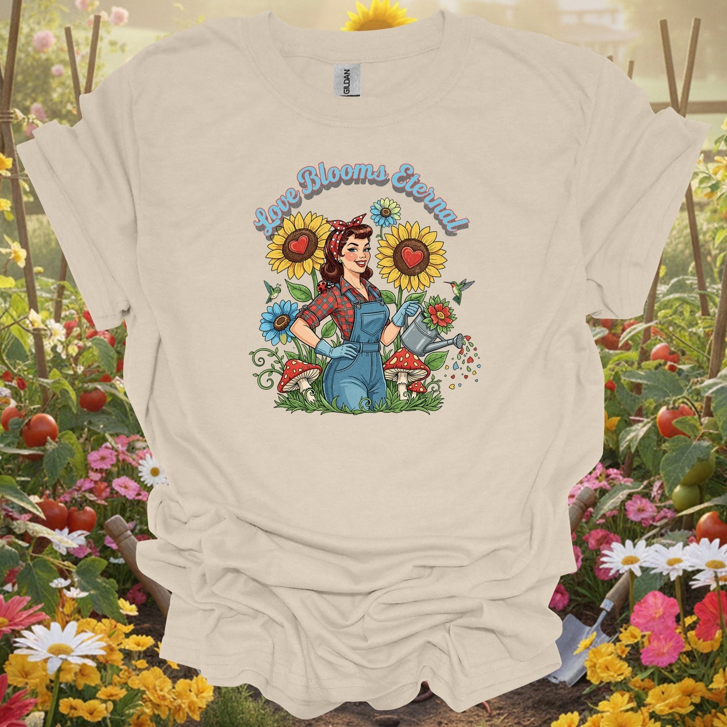 Love Blooms Eternal | Retro Pin - up Gardener Graphic Shirt - GardeningTshirts
