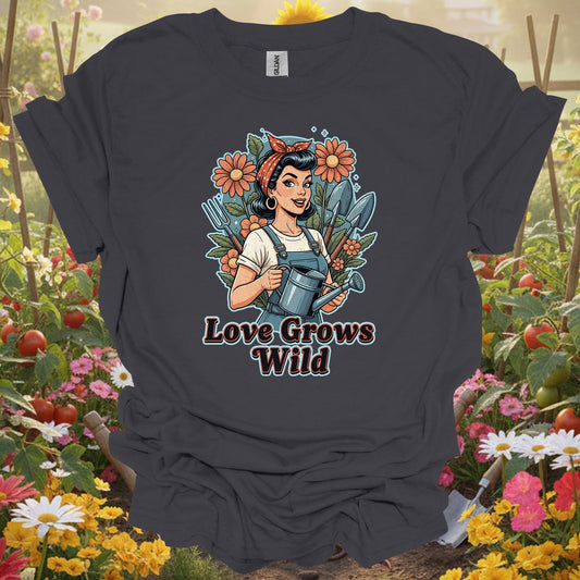 "Love Grows Wild" Vintage Pin - Up Gardening T-Shirt - GardeningTshirts