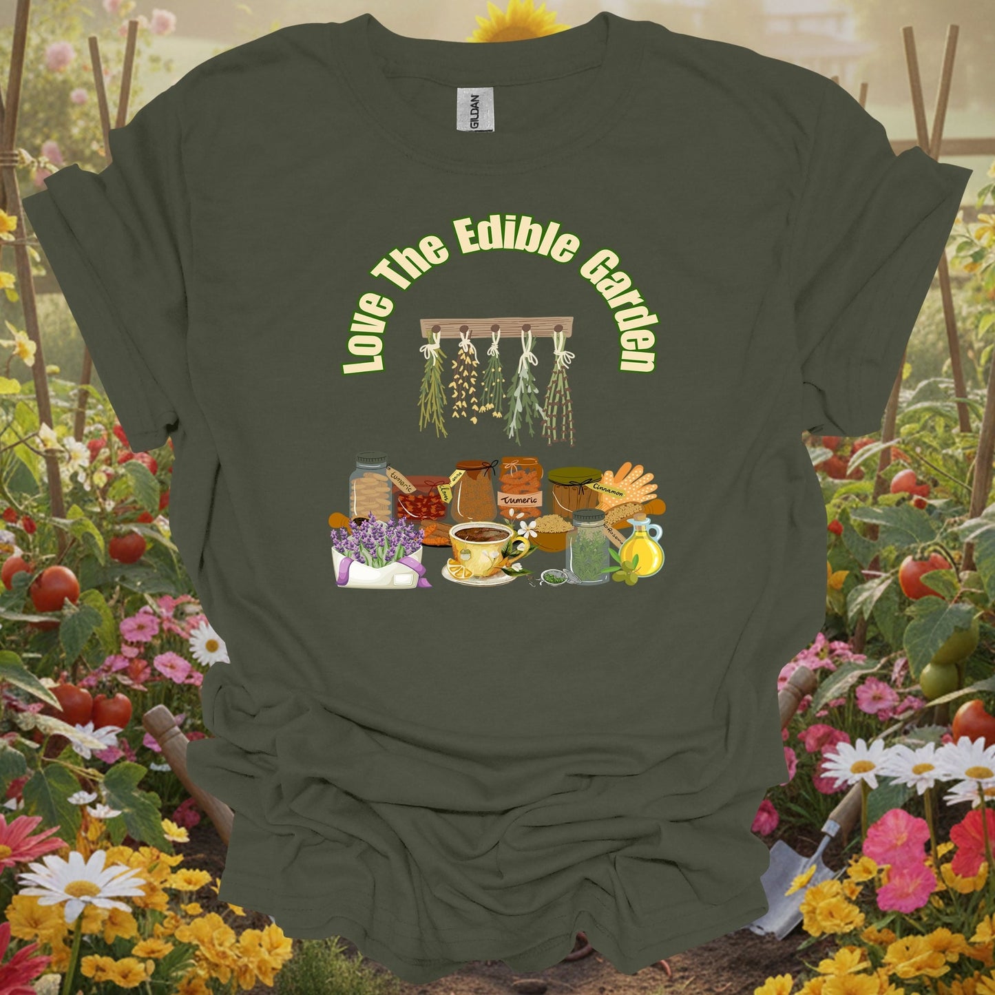 Military Green gardening tee with a retro-inspired storybook look that serves as a functional piece of art for any grower.