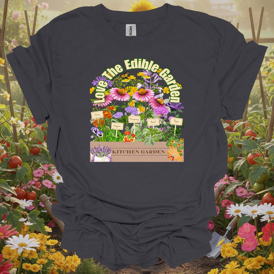 Charcoal tee showing colorful vegetable harvest with vintage florals for people who grow their own food
