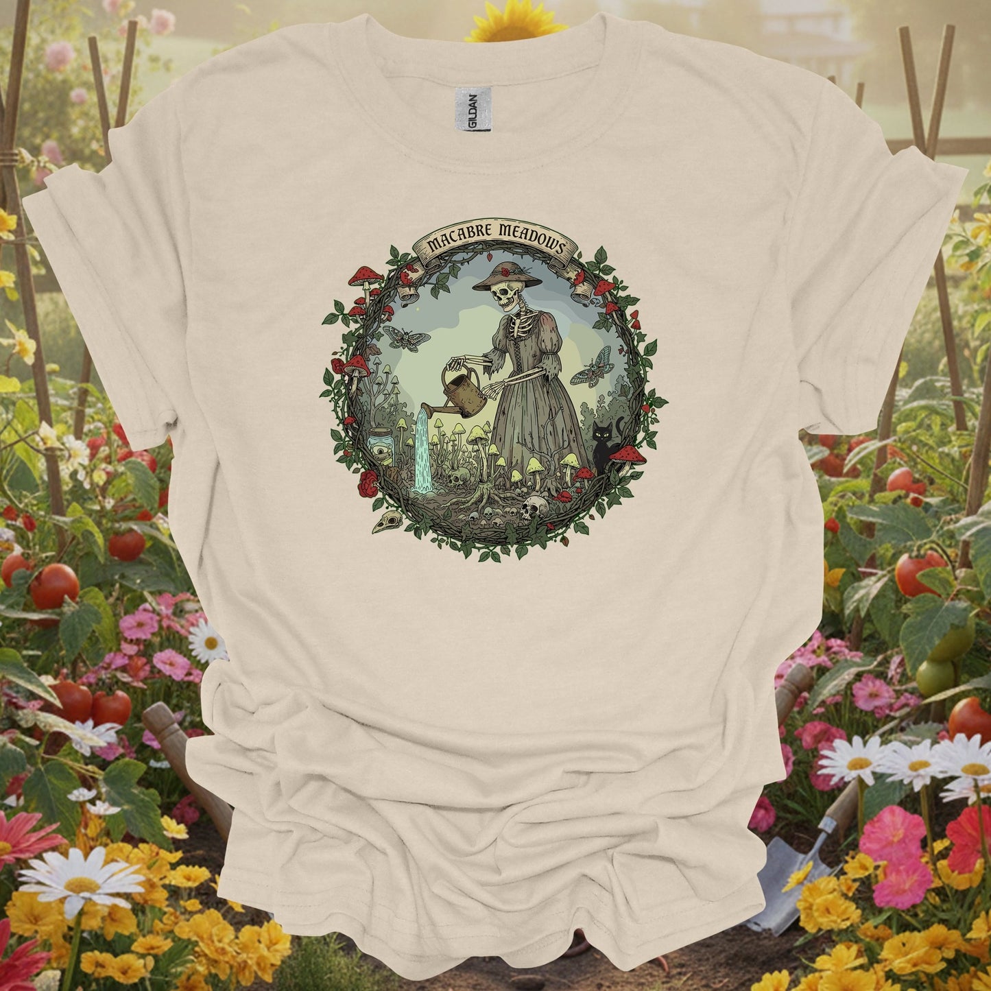 Natural tshirt showing gothic skeleton gardener in macabre meadows for dark humor gardeners