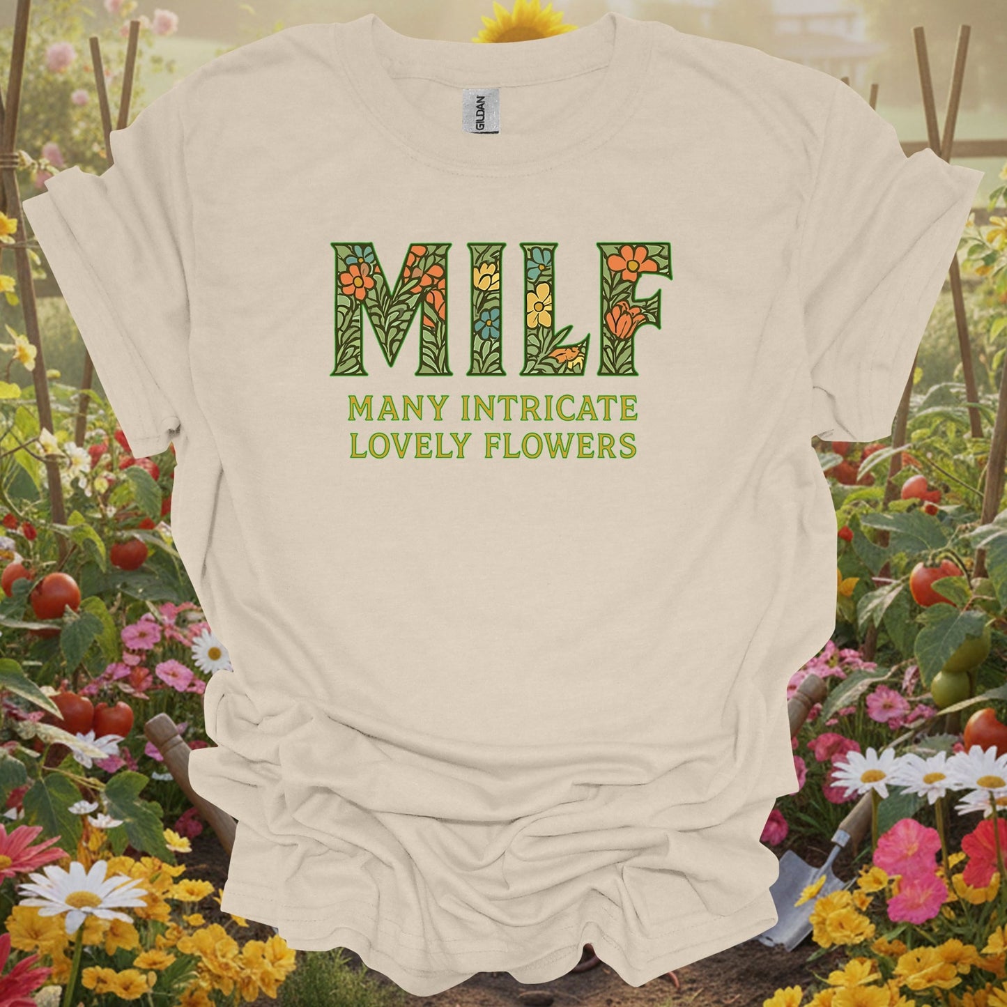 Natural tshirt showing milf many intricate lovely flowers botanical for people who love plants