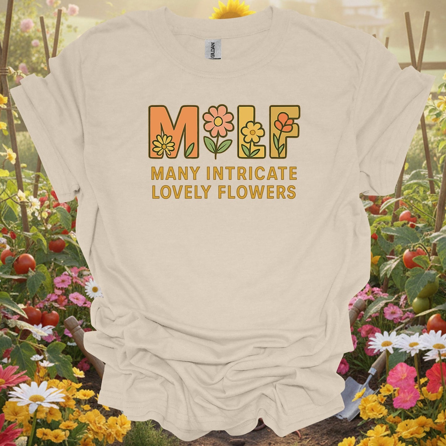 Natural tshirt showing milf many intricate lovely flowers funny for people who love plants