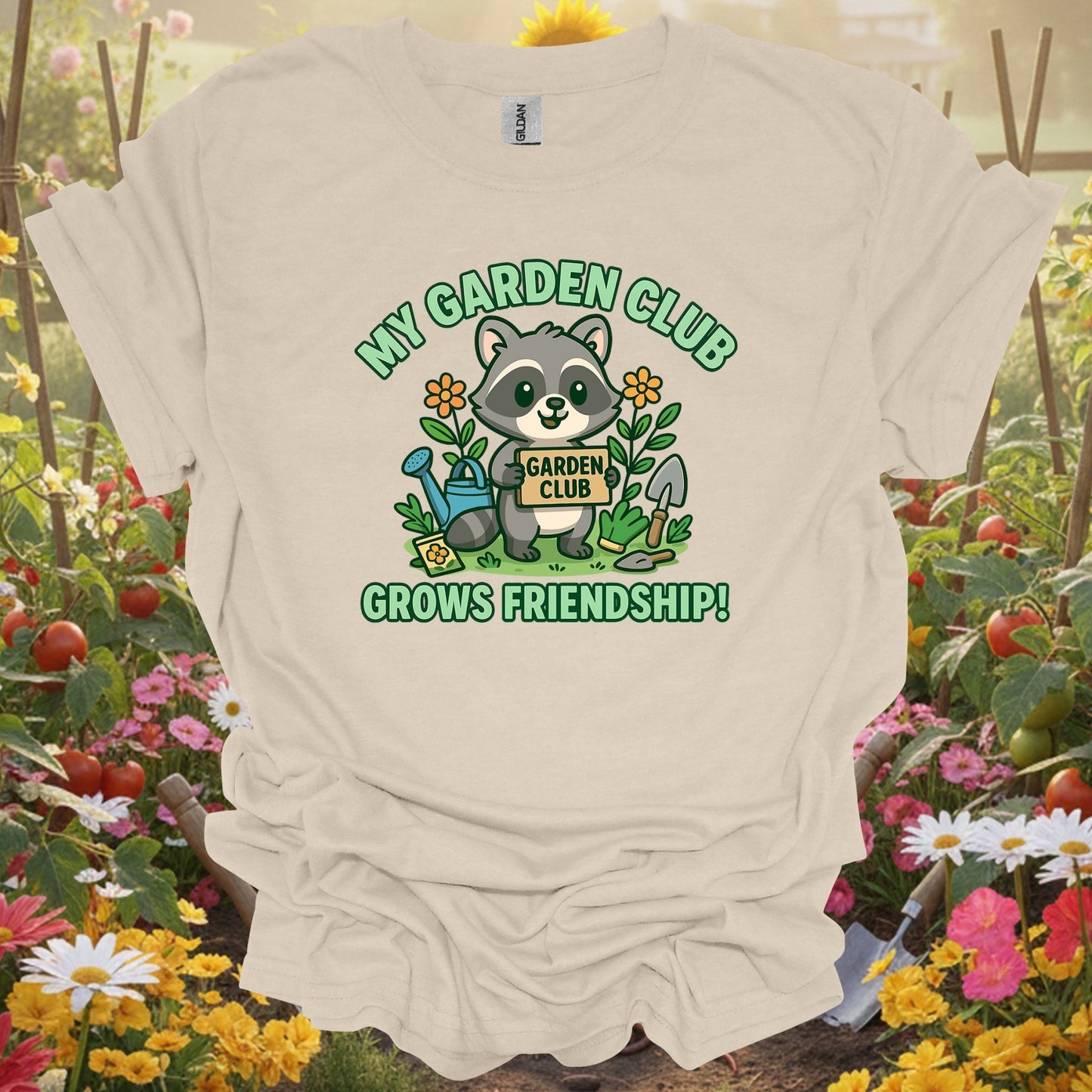Natural tshirt showing my garden club grows friendship raccoon for people who love plants
