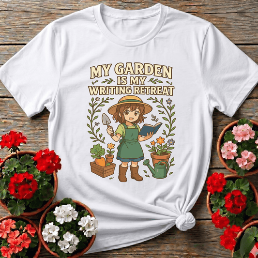 White storybook anime style gardening shirt with "My Garden Is My Writing Retreat" for bookish plant lovers