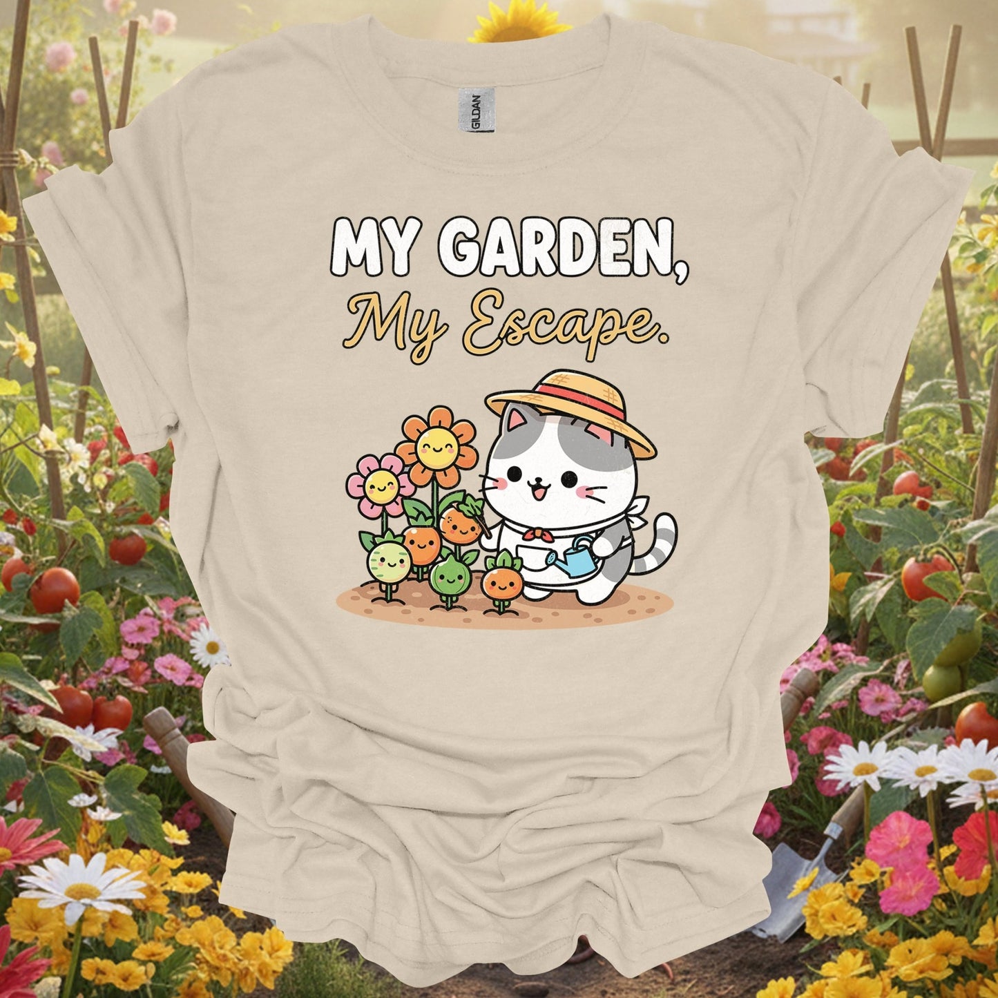 "My Garden My Escape" Cute Cat Gardener T-Shirt - GardeningTshirts