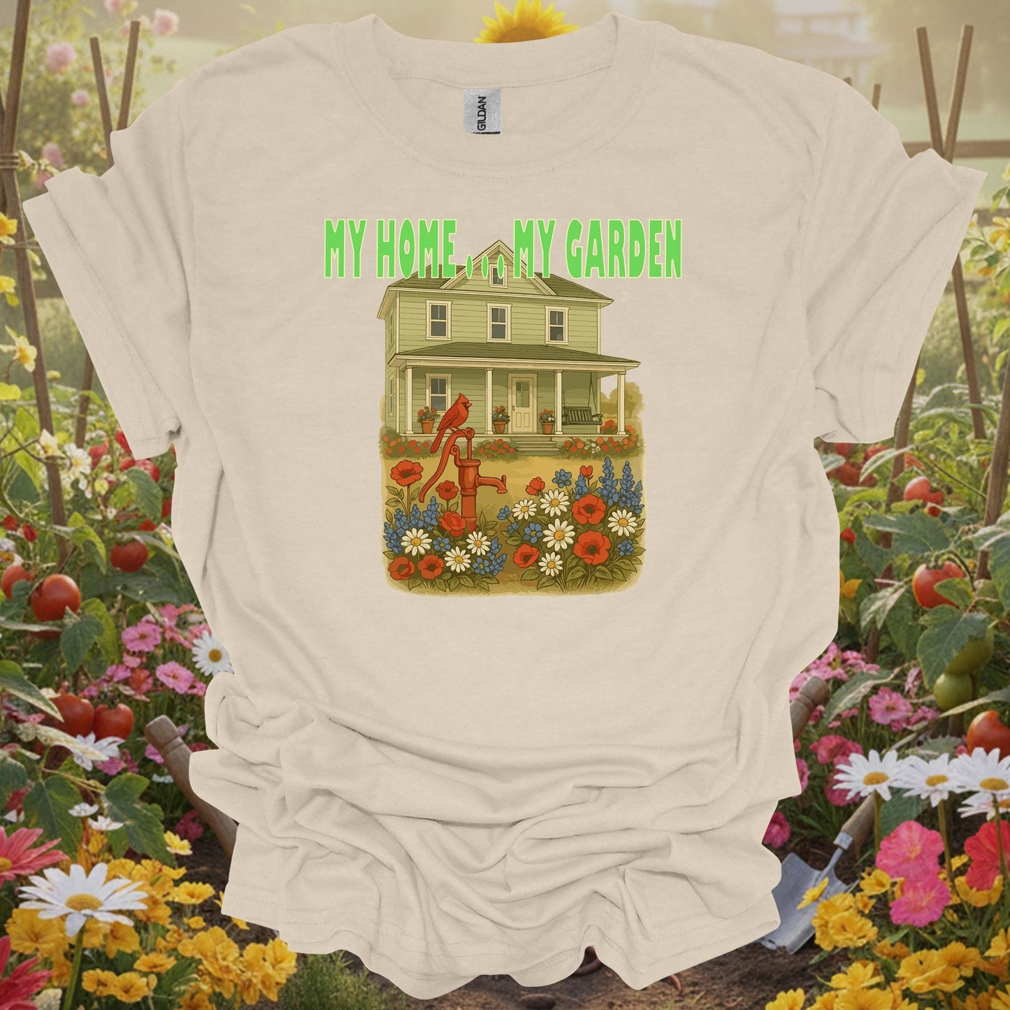 Natural apparel featuring a My Home My Garden theme on a soft shirt that honors the creative side of garden life.