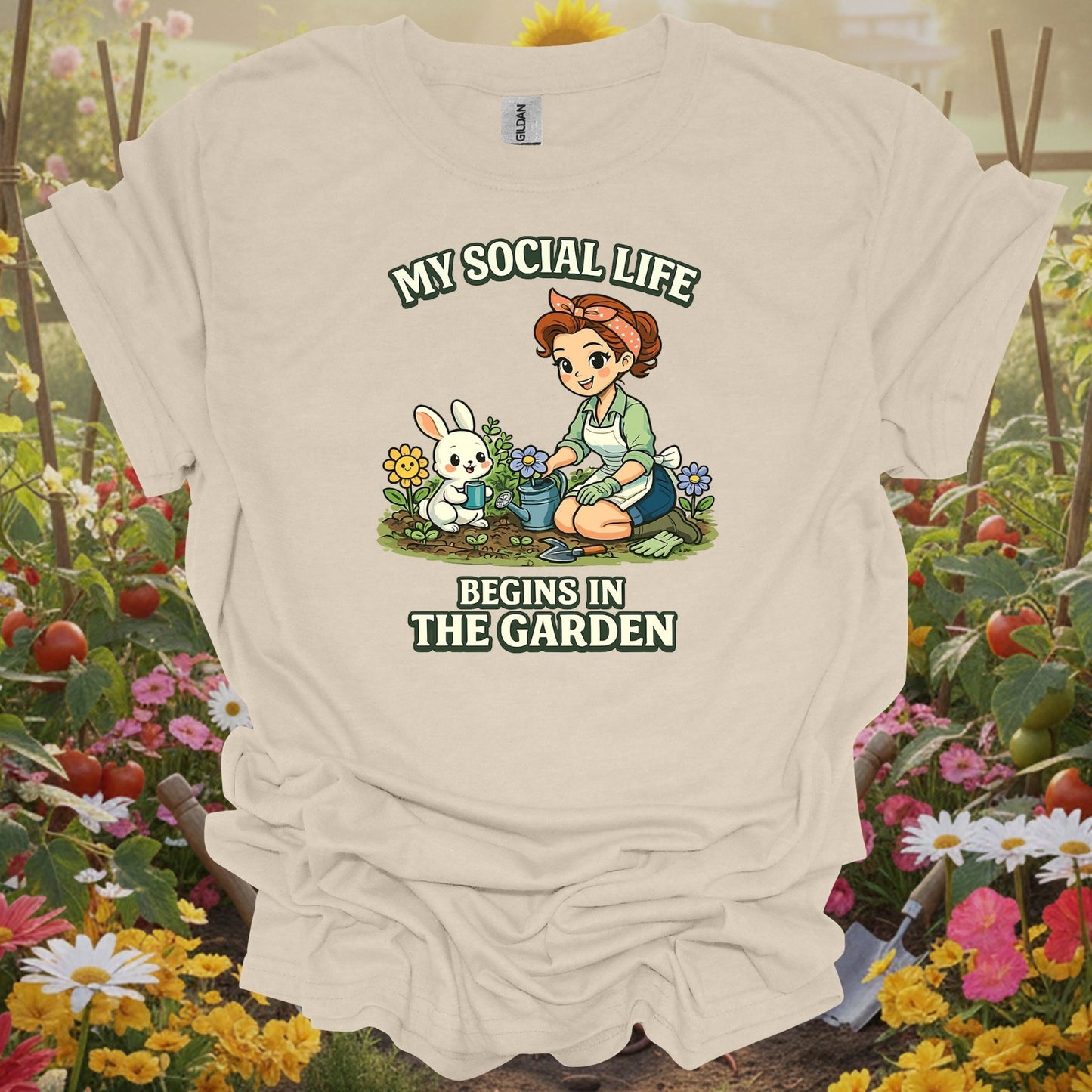 Natural tshirt showing my social life begins in the garden kawaii bunny for people who love plants