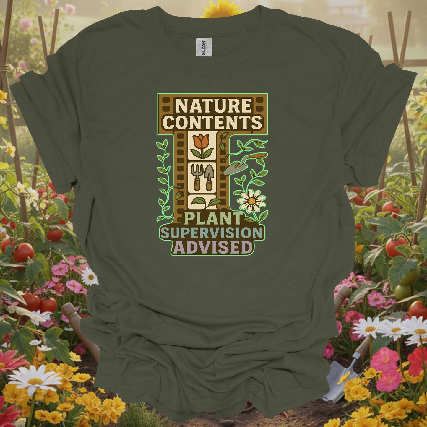 Military Green gardening tee with a retro-inspired storybook look that serves as a functional piece of art for any grower.