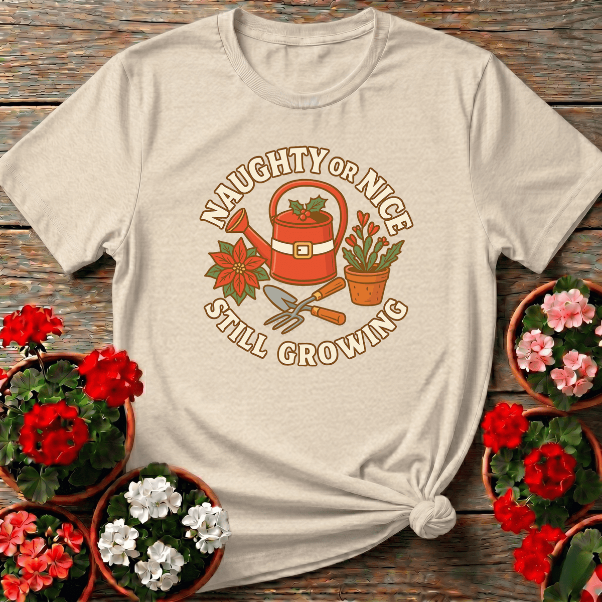 Natural warm retro Christmas gardening shirt with Santa watering can for plant moms and garden lovers