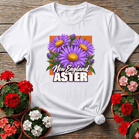White vintage seed packet style aster flower shirt for fall gardeners and pollinator garden enthusiasts