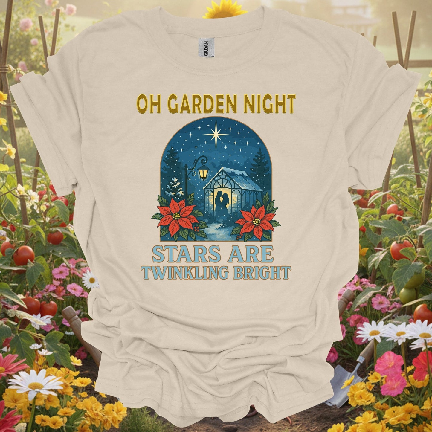 "Oh Garden Night Stars Are Twinkling Bright" Romantic Garden Setting T-Shirt - GardeningTshirts