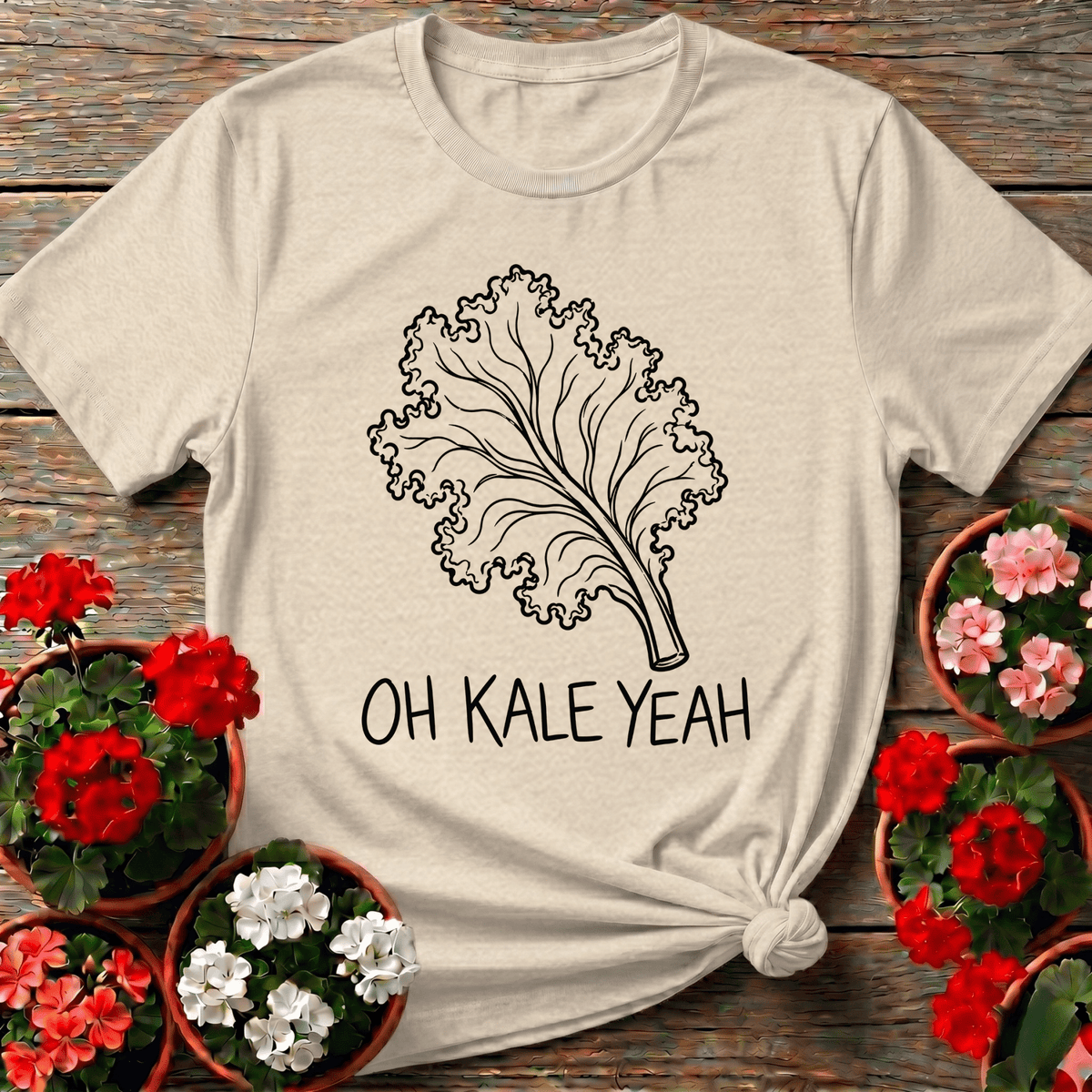 Natural cottagecore kale line-art tee with "Oh Kale Yeah" for plant-based gardeners