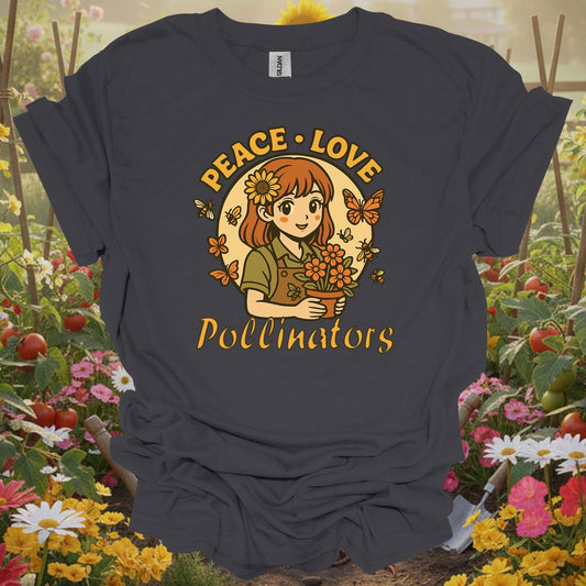 Charcoal tee showing peace love pollinators cute chibi girl for plant lovers