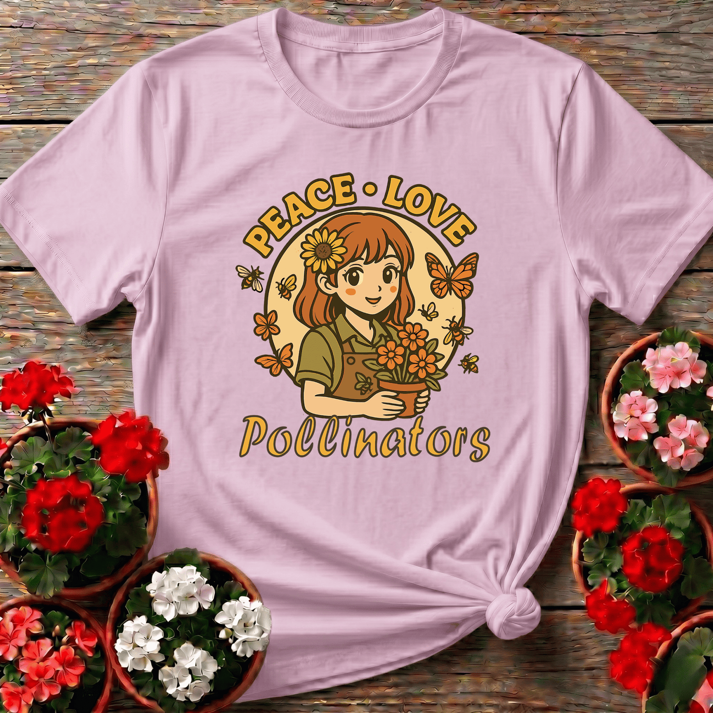 Peace Love Pollinators Cute Chibi Girl T-shirt - GardeningTshirts