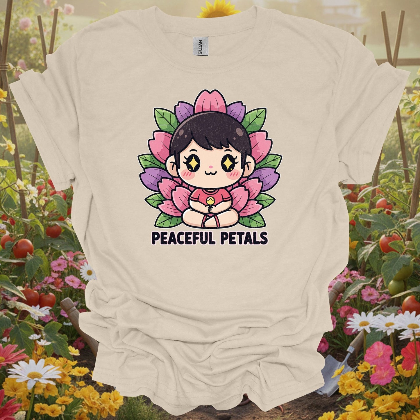 Natural tshirt showing peaceful petals cute chibi meditation garden for people who love plants