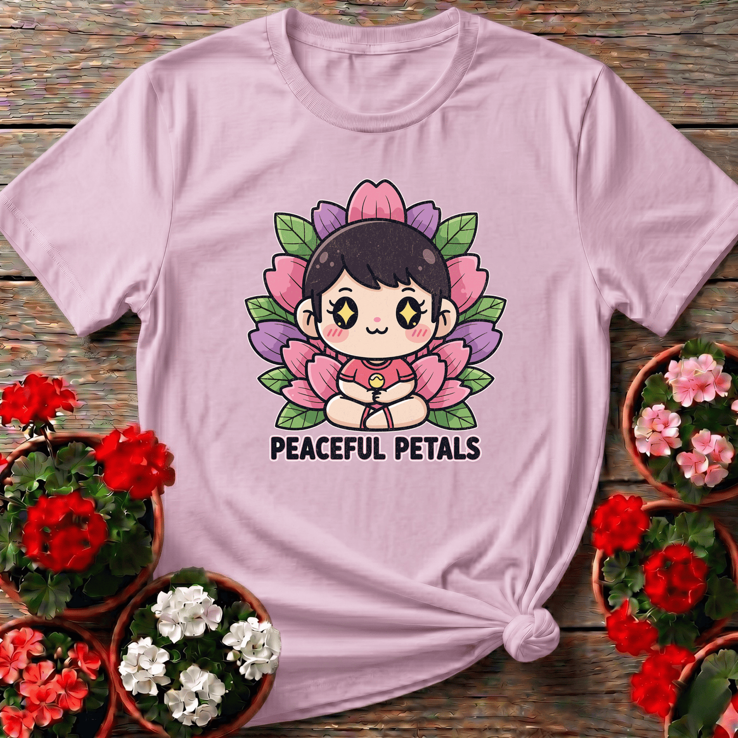 Peaceful Petals Cute Chibi Meditation Garden Tee - GardeningTshirts