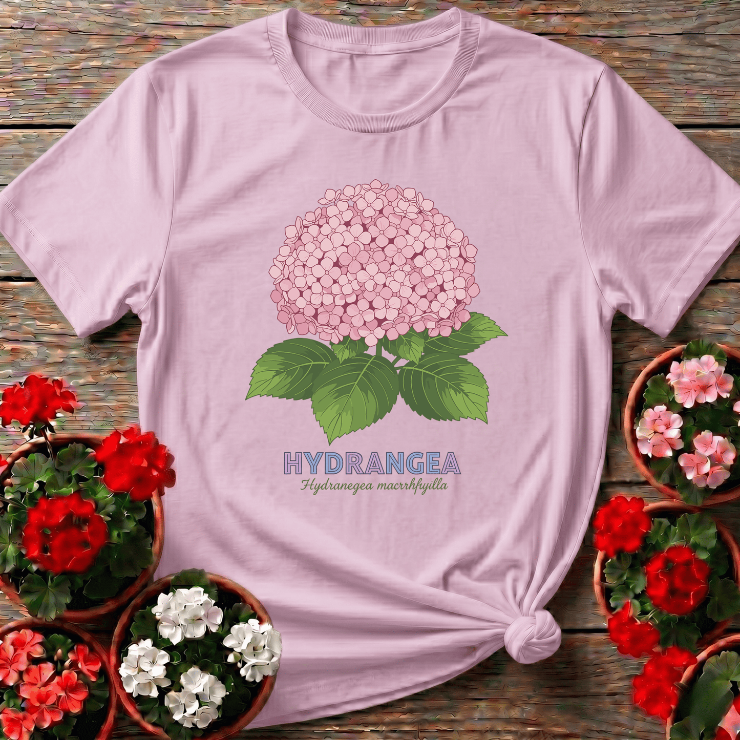 Pink Hydrangea Botanical Illustration Gardening T-Shirt - GardeningTshirts