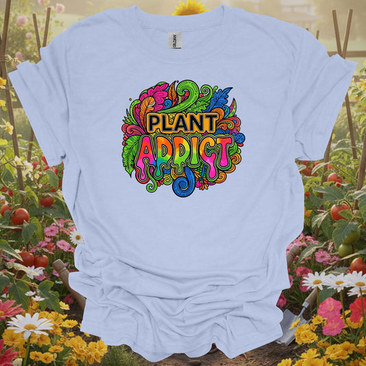 Light Blue tee showing plant addict psychedelic doodle art for plant lovers