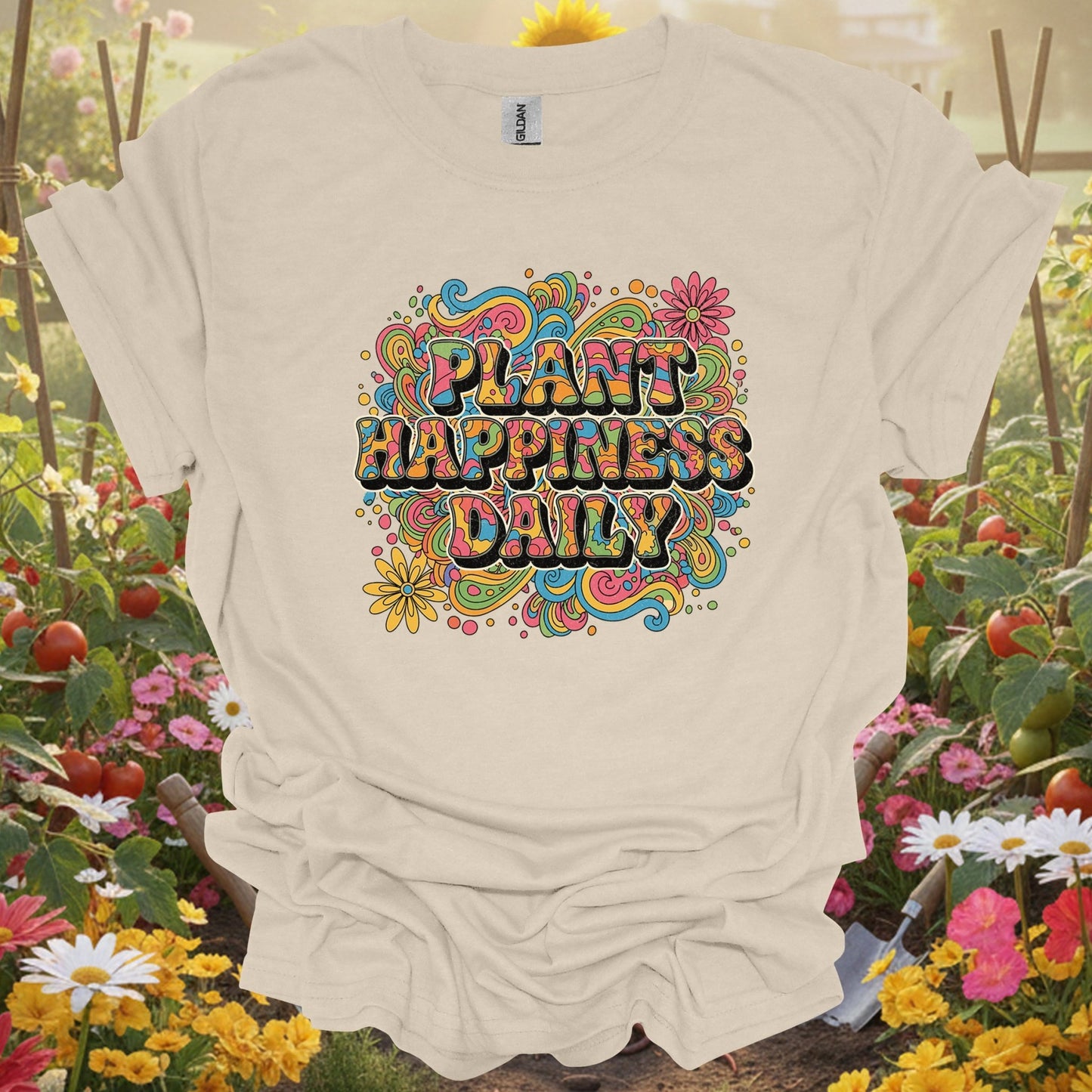 "Plant Happiness Daily" Psychedelic Groovy T-Shirt - GardeningTshirts