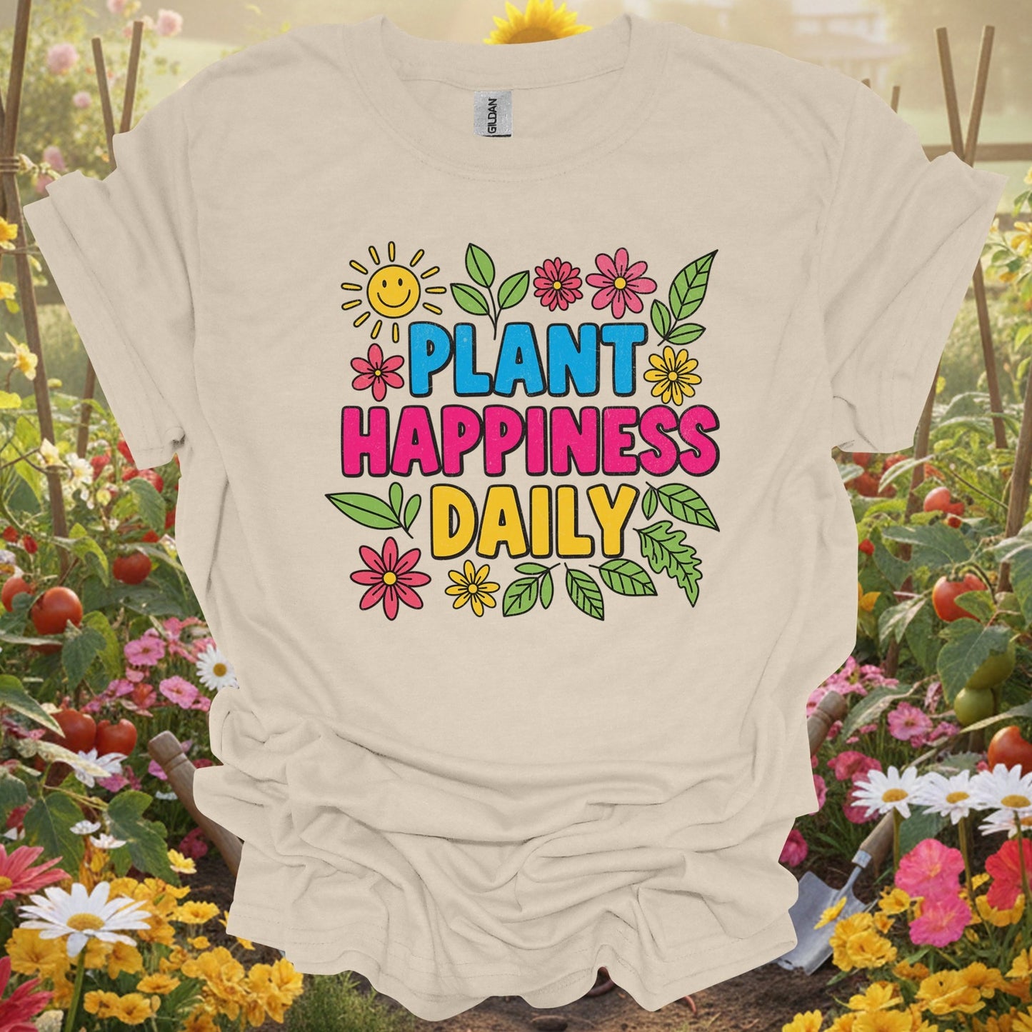 "Plant Happiness Daily" Vibrant Flower Power Gardener T-Shirt - GardeningTshirts