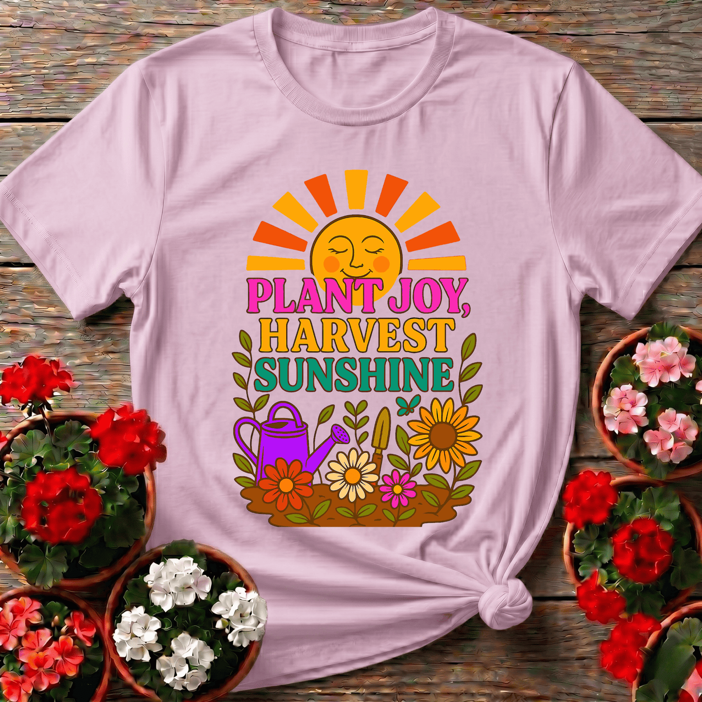 Plant Joy Harvest Sunshine Retro Happy Sun Tee - GardeningTshirts