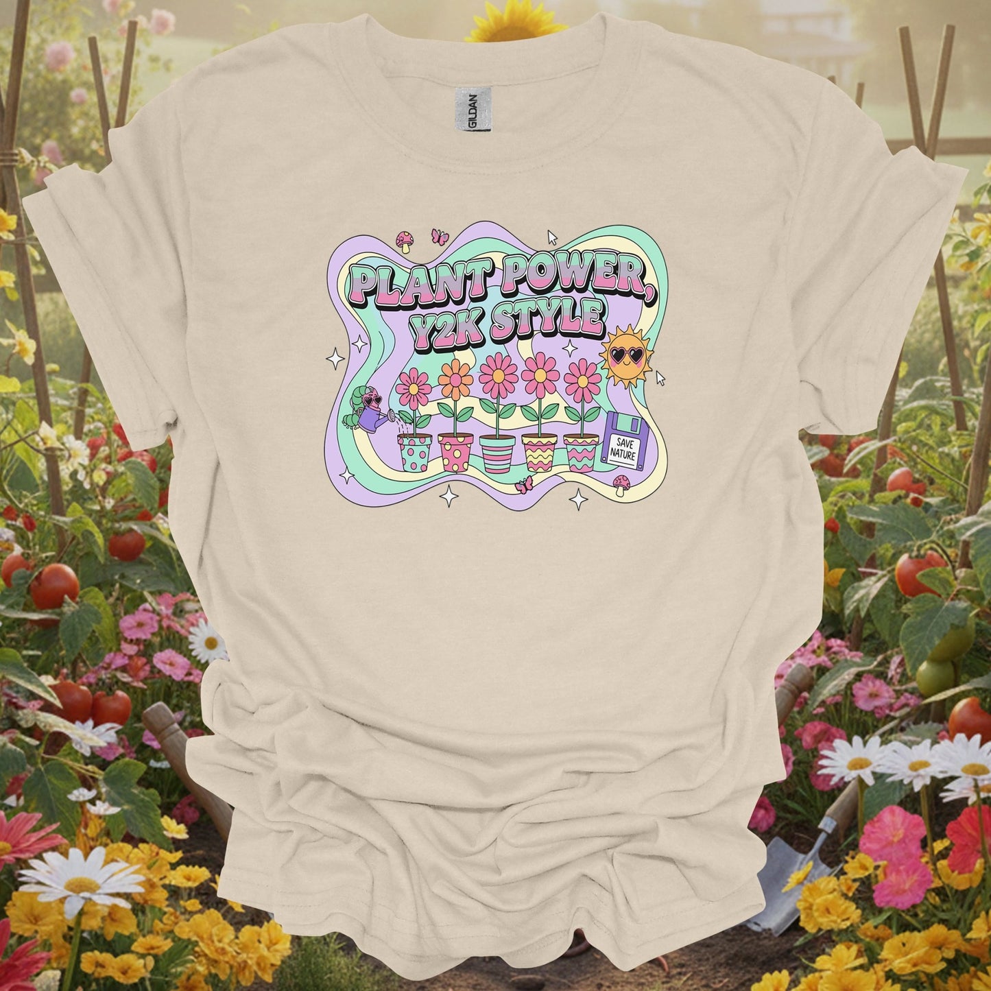 Natural tshirt showing Y2K psychedelic plant power retro design for folks powered by plants