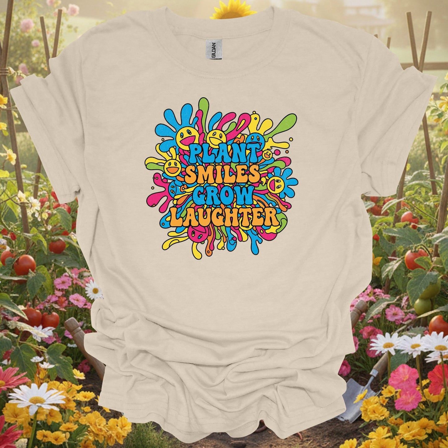 "Plant Smiles, Grow Laughter" Psychedelic Groovy Flower Power Positive Slogan Tee - GardeningTshirts
