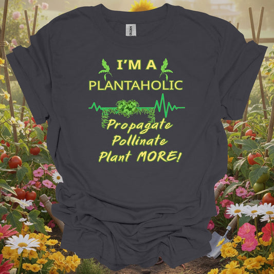 Charcoal tee featuring a plantaholic heartbeat design that celebrates the joy of growing your backyard sanctuary.