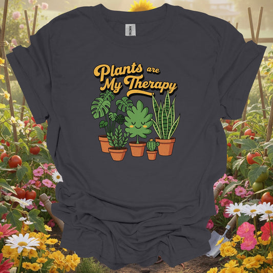 Charcoal tee showing plants are my therapy houseplant t shirt for plant lovers