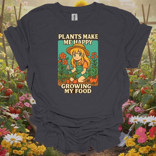 Charcoal tee showing plants make me happy growing my food anime for plant lovers